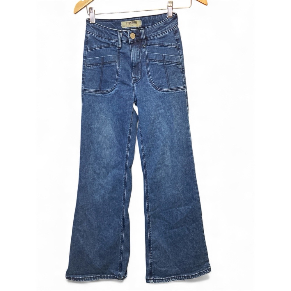 Rock & Roll Cowgirl High Rise Flare Jeans Medium Wash Front Patch Pocket W25 L30
